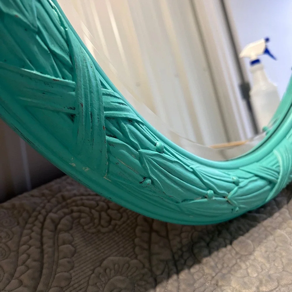 Large Turquoise Teal Oval Wall Mirror Beveled Woven Leaf Berry Frame 35x26